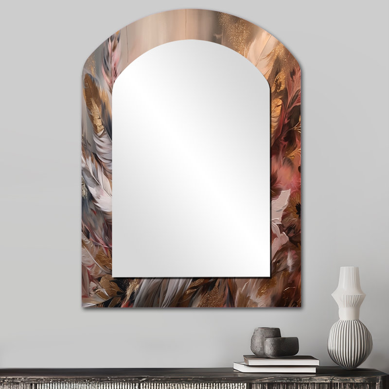 Plume dorée Wanderlust VI - miroir décoratif asymétrique en plumes Glam, miroir mural arche moderne, impression d'art en métal