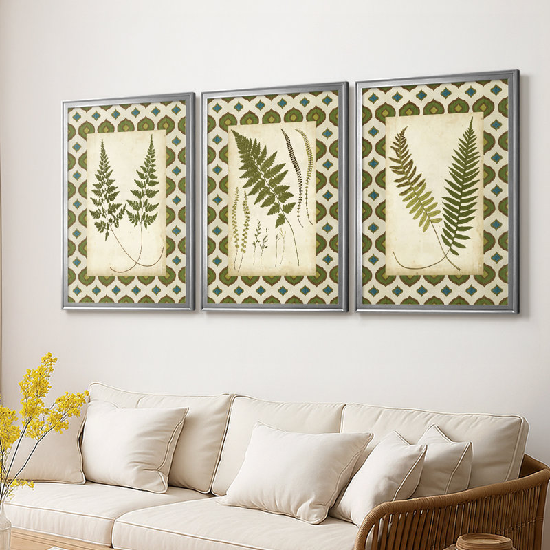 Fougères marocaines I - Toile tendue avec châssis sur mesure - 3 pièces, H 27 po x l 57 po, Argent argent
