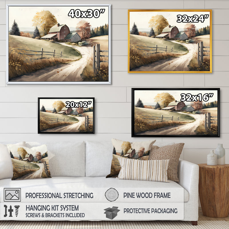Path To The Barn IV - Barn Landscape, reproduction d'art sur toile, H 12 po x l 20 po x P 1 po, Cadre flottant doré