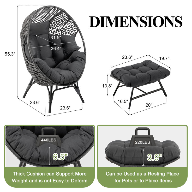 All-Weather Wicker Outdoor Indoor Patio Egg Lounge Chair with Ottoman (Set of 2), Gray