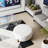 Modish Round Ottoman: Boucletop With Splayed Rubber Wood Legs, White-1150213471
