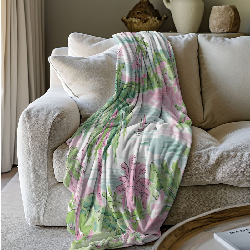 Motif de balise maritime - 1 pièce Sherpa Premium, L 60 po x L 80 po, Feuille de palmier tendance