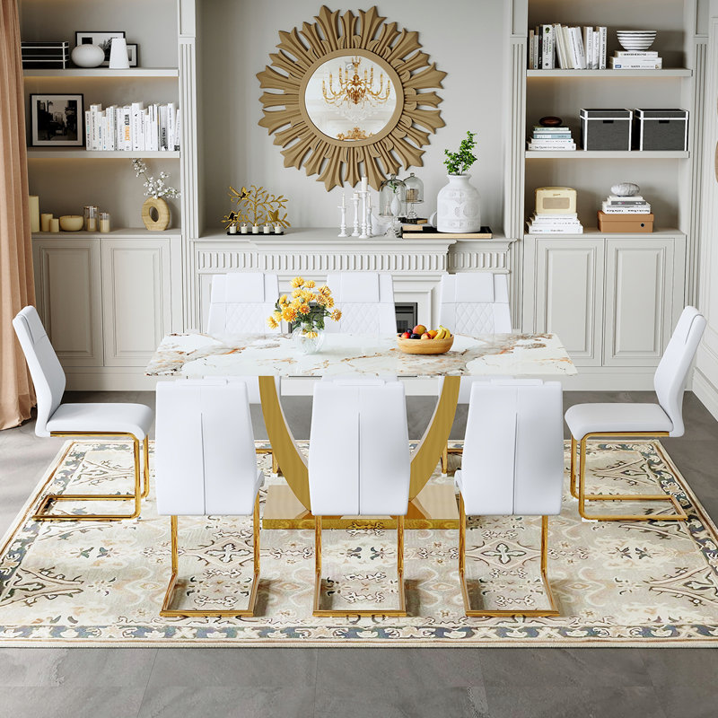 71" Modern Dining Table Set With PU Leather Chairs, Rectangular Table With Gold Metal Base For Dining Room Or Kitchen, White
