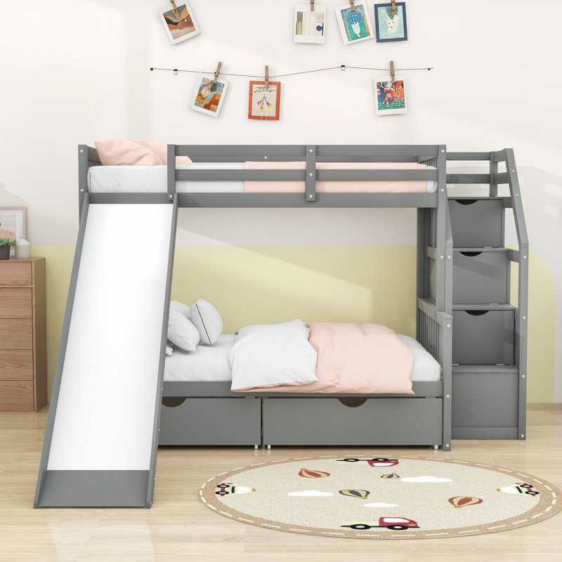 Erzsebet Kids Twin Over Full Bunk Bed with Drawers, Gray