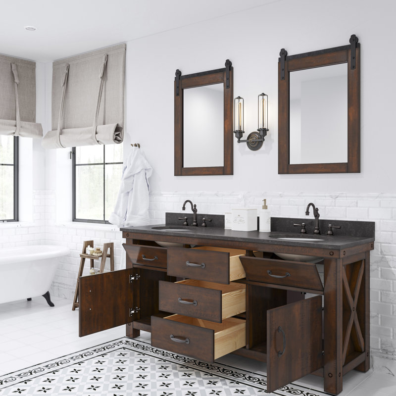 Aberdeen 72 In. Double Sink Blue Limestone Countertop Vanity In Rustic Sierra With Mirrors, Rustic Sierra, Carrara White