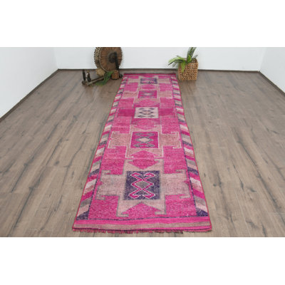 Modern Wool Runner Rug, 37.8x124 Inch Pink Geometric Rug