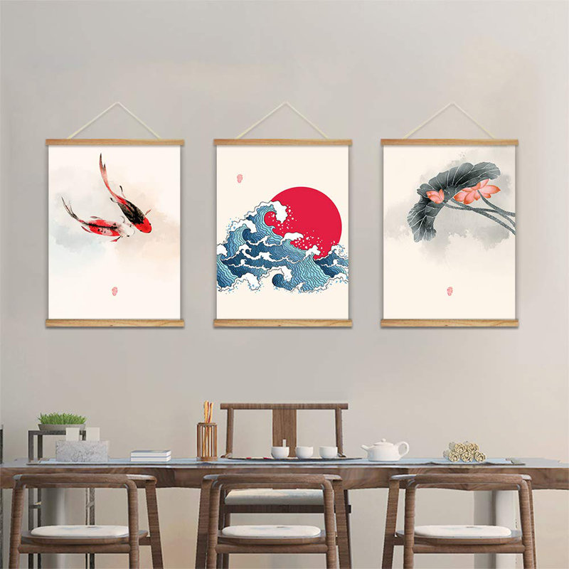 Poisson, lotus, océan, style chinois, affiche suspendue, encadrée en bois