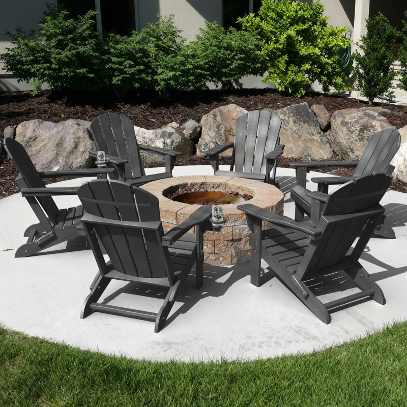 Set Of 6 Folding Adirondack Chairs, Firepit Chairs, Cup Holder, All-Weather HDPE, Black