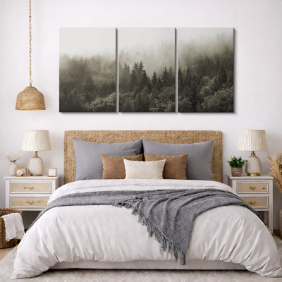 Misty Forest Landscape "Nature Pine Tree Artwork, Modern Woodland Nursery Wall Decor, Large Framed Canvas Giclee Print 3 Pieces Wall Art Set"