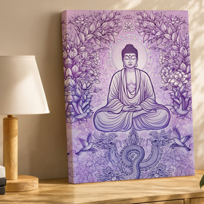 Toile, une figure sereine de Bouddha se trouve gracieusement au centre, art mural orné de robes fluides entourées de motifs complexes sur toile