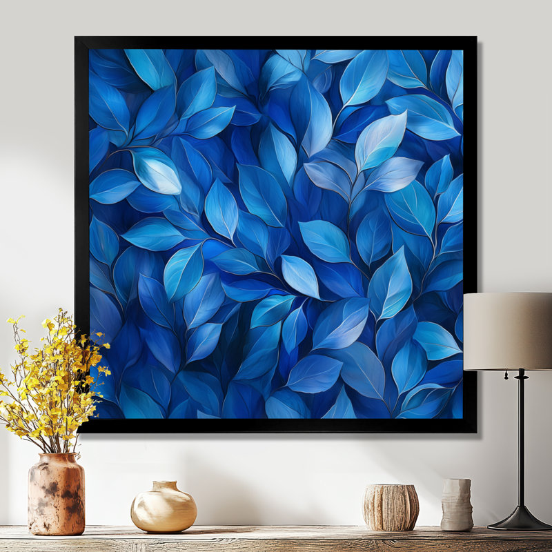 «Cobalt Leaves In Moon Light Collage III», art mural pour salon, H 16 po x l 16 po, Picture Framed, Noir, noir, noir, noir