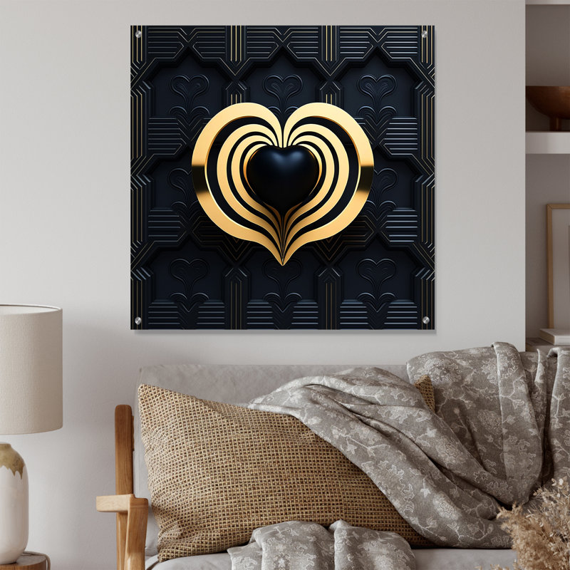 «Black and Gold Radiant Shining Heart I», décoration murale abstraite romantique en acrylique, H 16 po x l 16 po