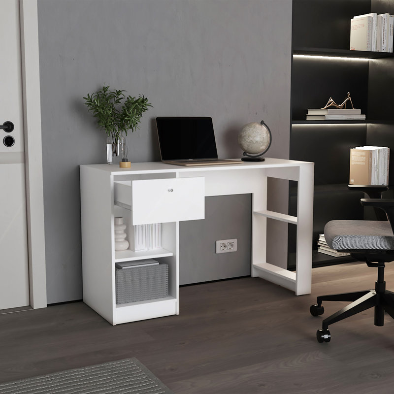 Bureau d'ordinateur avec tiroir et rangement ouvert, Blanc antique