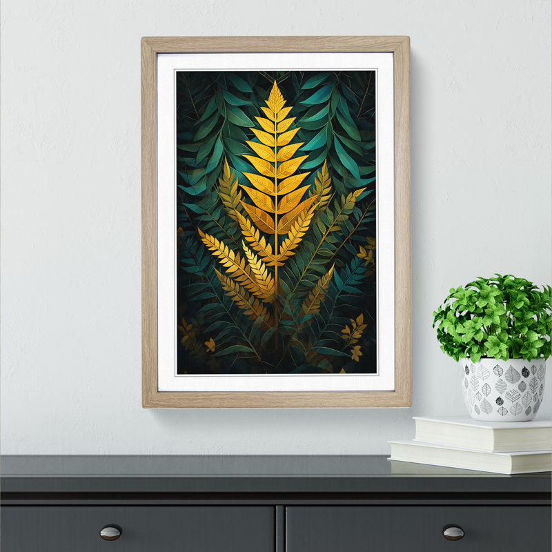 Fern Leaf Geometric No.2 - Single Picture Frame Print on Wood, Oak, 46cm H x 34cm W x 2cm D