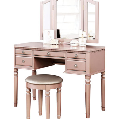 Classic Style Vanity For Bedroom, Rose Gold Finish, Three - Piece Foldable Mirror, Five Storage Drawers And A Padded Round Stool, Solid Rubberwood Color, Grey Construction