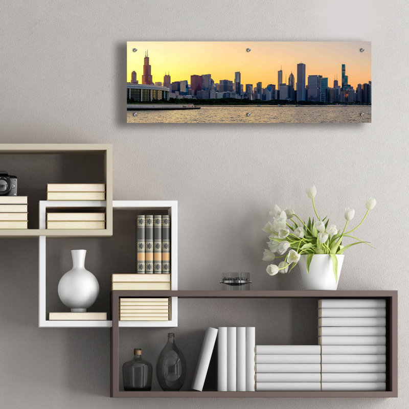 «Chicago Skyline - Golden Hour Sunset Panorama» par Epic Portfolio, art mural en verre acrylique, H 12 po x l 36 po