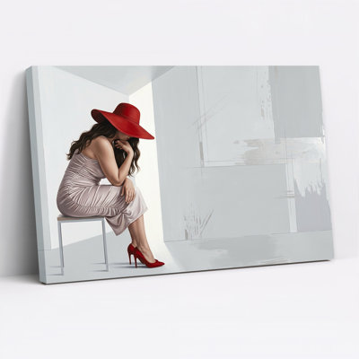 Woman in Red Wide Hat and Pink Dress Sitting Canvas Wall Art