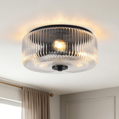 3 - Light Dimmable Ribbied Glass Drum Flush Mount -11.81 Inch