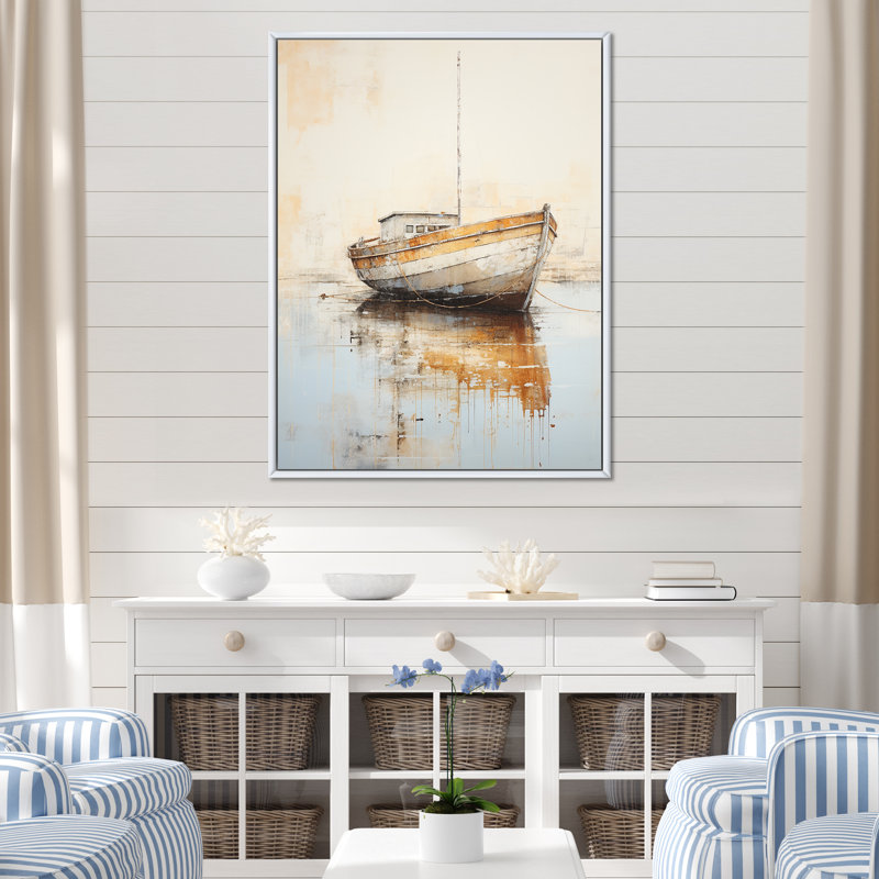 Minimalisme, bateau de pêche Horizon II - impression, H 44 po x l 34 po x P 1,5 po, Cadre flottant blanc