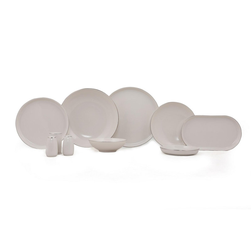 Elegant 69-Piece Dinner Set, 100% Porcelain, White & Silver | Includes 12 Service Plates, 12 Dinner Plate, 12 Side Plates, 12 Bowls, 2 Salad Bowls, 2 Platters, & Accessories | Dishwasher & Microwave Safe, Perfect for Entertaining