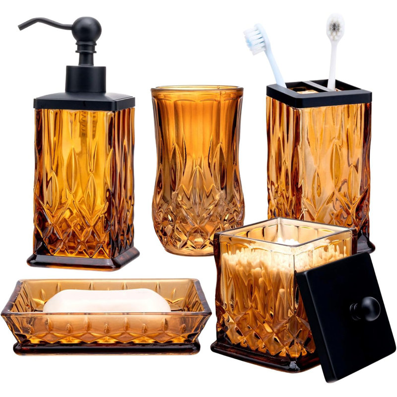 Ensemble d'accessoires de salle de bain, ensemble d'accessoires de salle de bain en verre ambré 5 pièces, distributeur de savon à lotion complet, porte-brosse à dents,