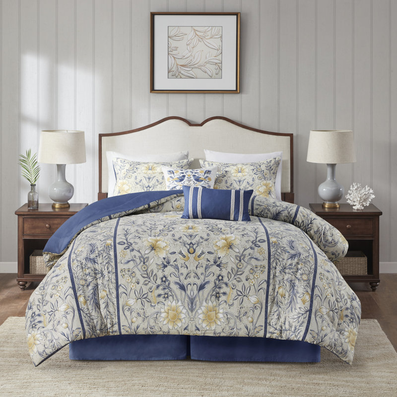 Full Blue Cotton Bedspread Set with Tassel Embellishments