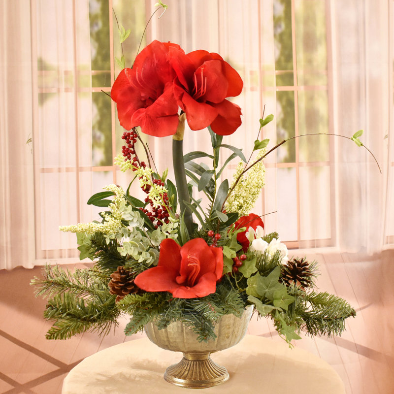 Faux Silk Amaryllis Arrangement in Vase