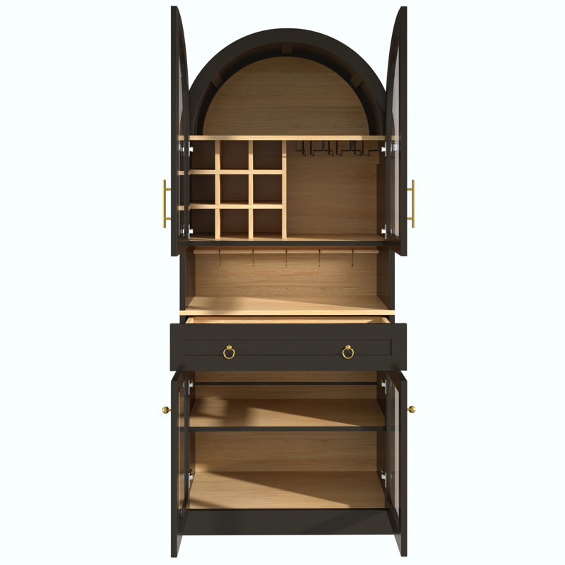 Armoire de bar 70 po de hauteur avec portes en verre trempé, 9 porte-bouteilles, grand tiroir, tablette réglable, porte-verres et armoire à café