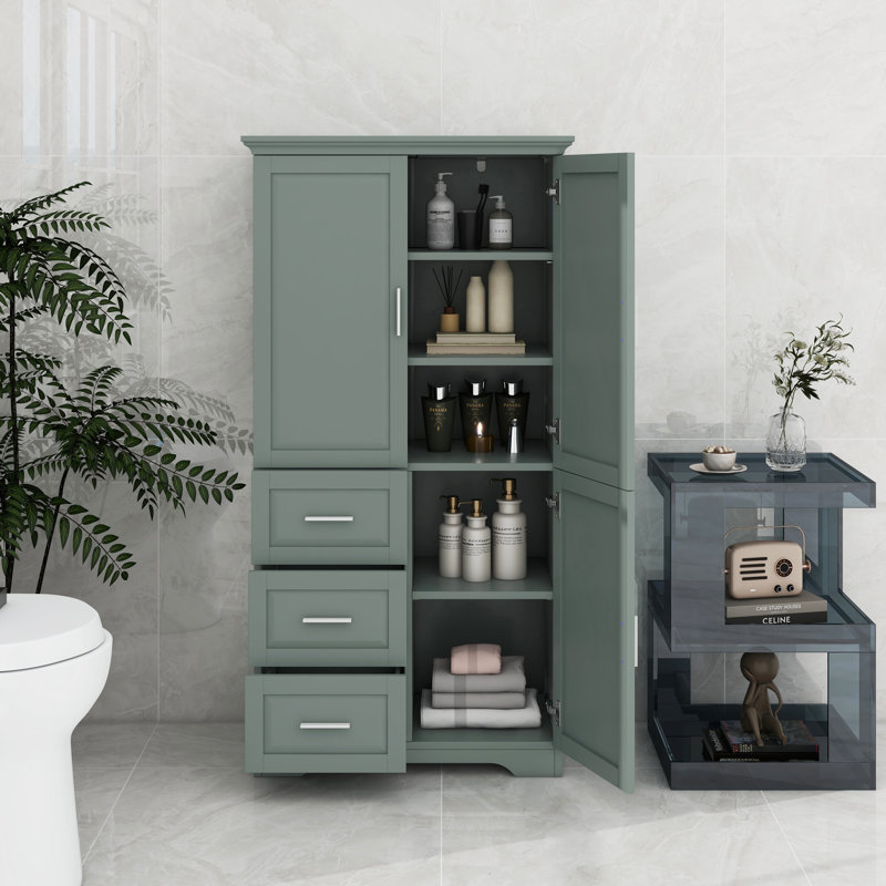 Tall And Wide Storage Cabinet With Doors, Three Drawers, Gray