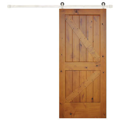 Panelled Wood Finish Rustic Knotty Alder Barn Door with Installation Hardware Kit