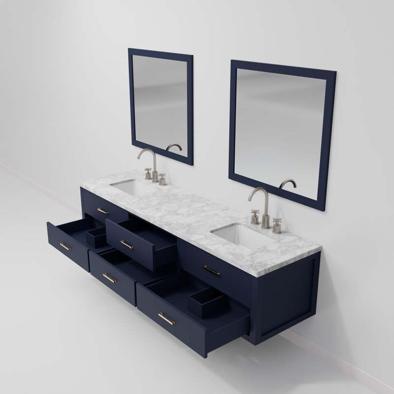 Ensemble de meuble-lavabo double 84 po avec miroir, Bleu, Marbre de Carrare blanc