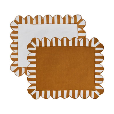 Embroidered Linen Scalloped Stripe Double-Sided Placemats