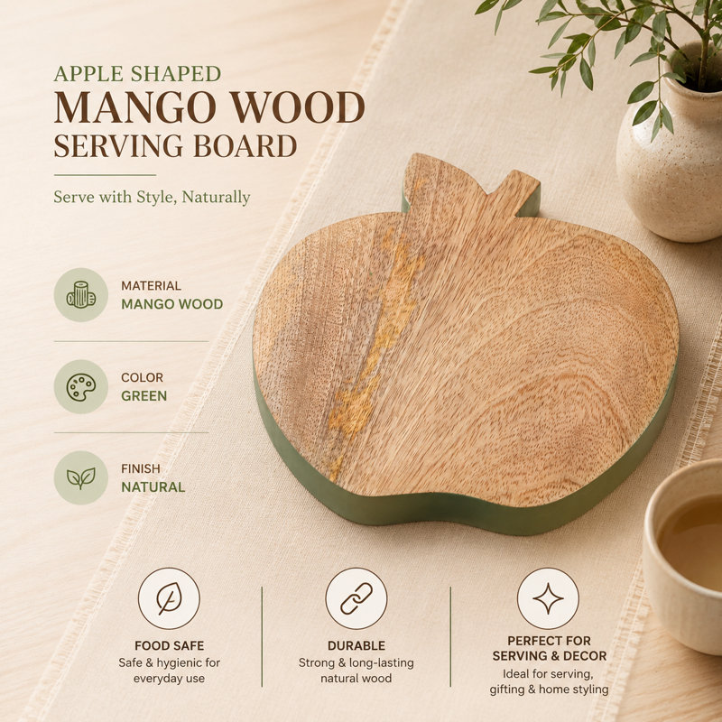 Apple-Shaped Mango Wood Serving Board with Coloured Edge – Wooden Cheese & Charcuterie Board, 24 cm