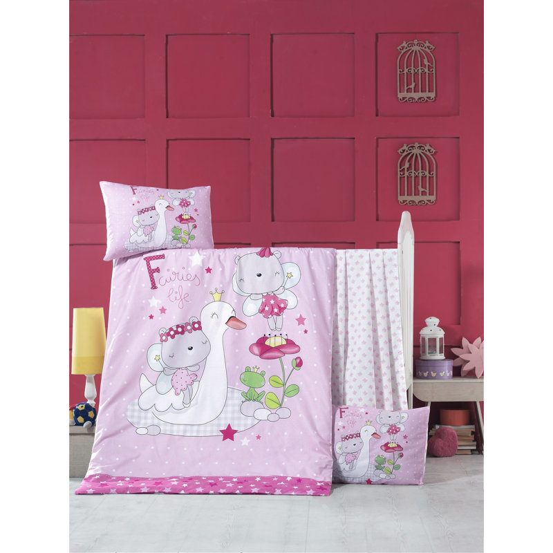 Ensemble de housse de courtepointe en coton doux pour bébé Ranforce, rose et blanc, fuchsia et vert | Comprend une housse de couette (39,4 x 59,1 po), un drap plat (39,4 x 59,1 po), 2 taies d'oreiller (13,8 x 17,7 po) | 145 fils, lavable à la machine, 