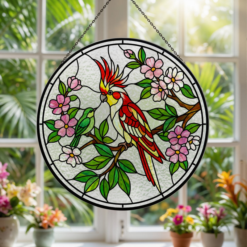 Vitrail à vitrail floral 12 "H Cockatoo 12", H 12 po x l 12 po