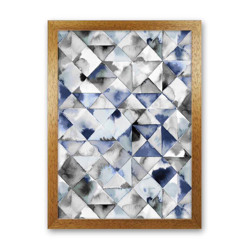 Moody Triangles Cold Blue - Print, 34cm H x 25cm W x 3cm D, Brown Framed