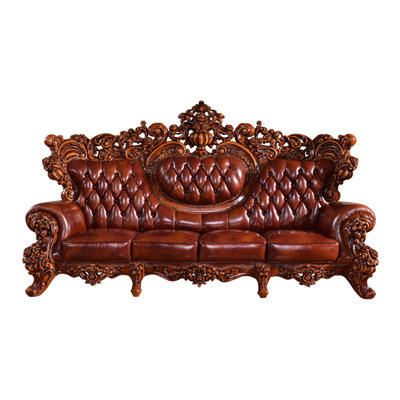 European Leather American Luxury Carved Sofa 118'' Genuine Leather Rolled Arm Sofa -  FURNITURE LEISURE, INC., HJF5X0R10AK