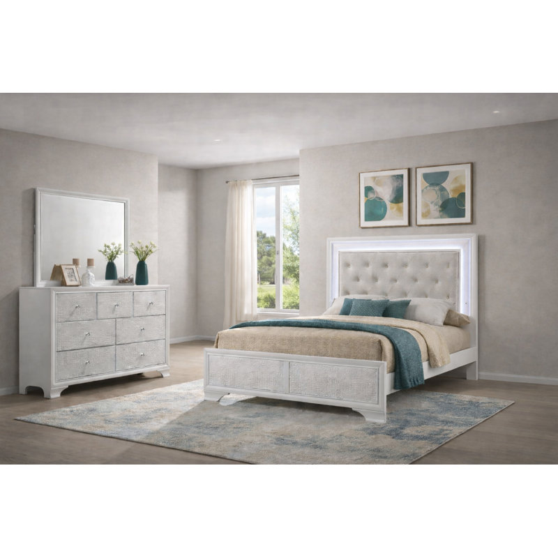 Ensemble de chambre à coucher de luxe à panneau tapissier avec motif capitonné avoine, 3 pièces, Lit simple