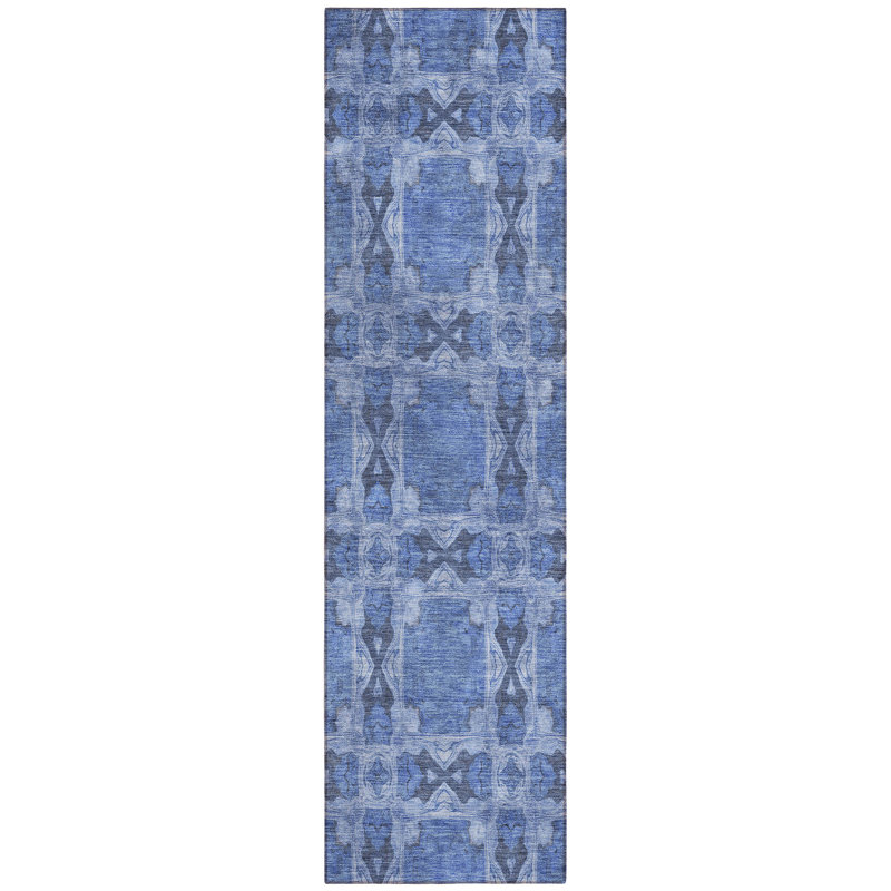 8' Runner Denim Blue and Gray Floral Medallion Washable Non Skid Indoor Outdoor Runner Rug