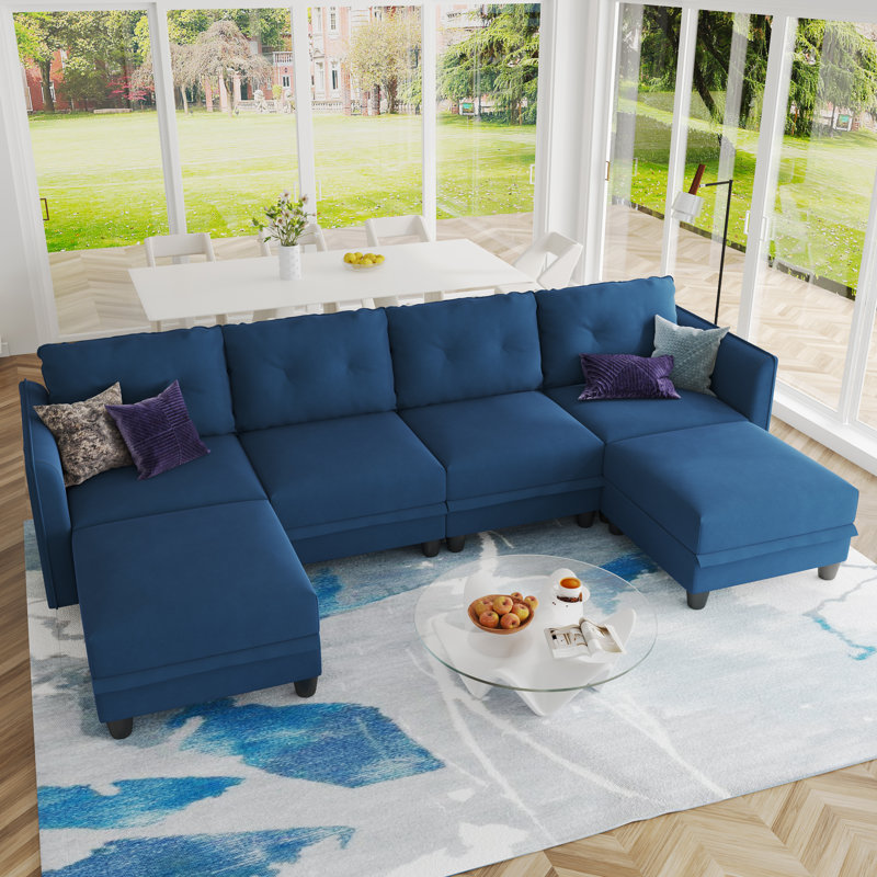 Canapé modulaire en U avec repose-pieds 6 pièces Zendejas, Velours bleu