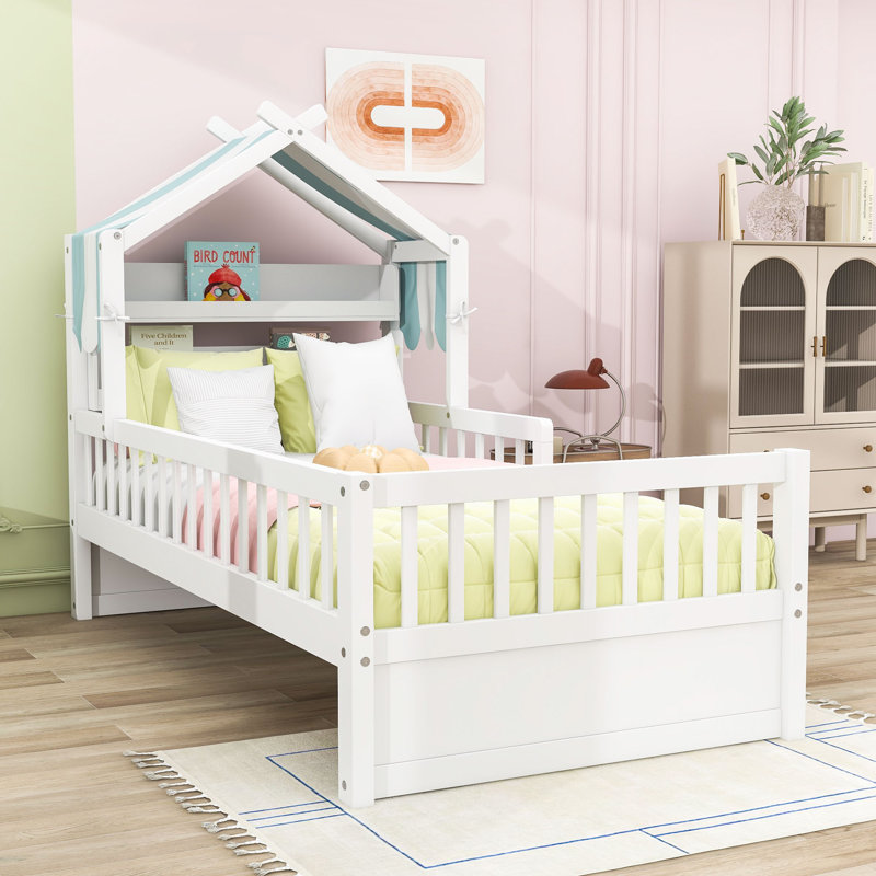 Wooden House Bed with Safety Guardrail, Twin, White