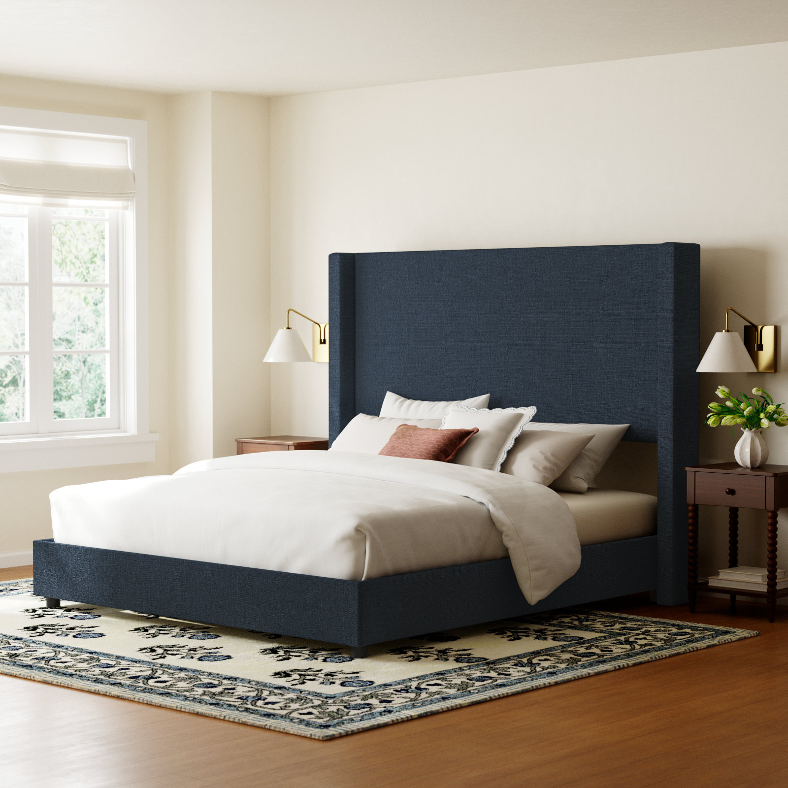 Hanson Upholstered Wingback Bed, King, Classic Navy Linen