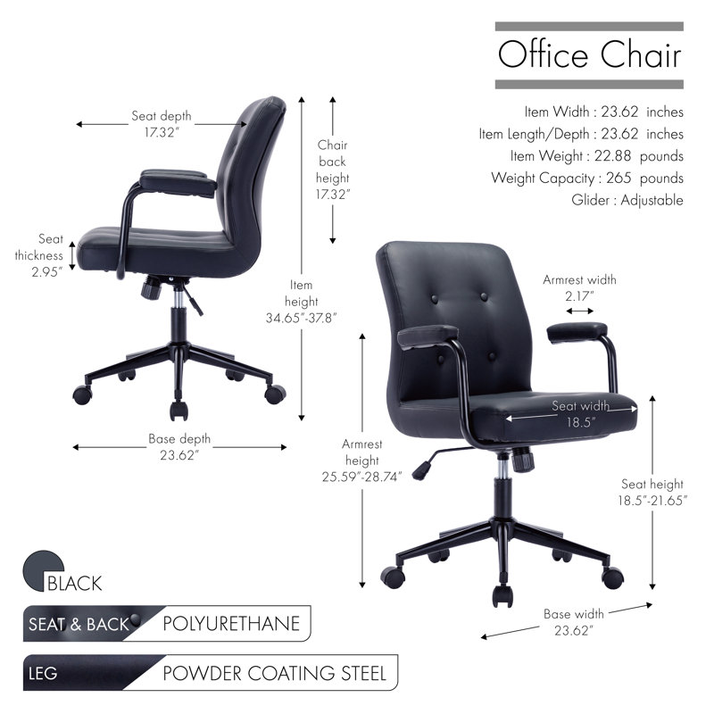 Edelfriede Faux Leather Office Chair with Steel Roller Base, Black