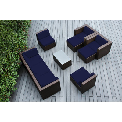 Ensemble de conversation en osier pour 7 personnes avec coussins Kiara