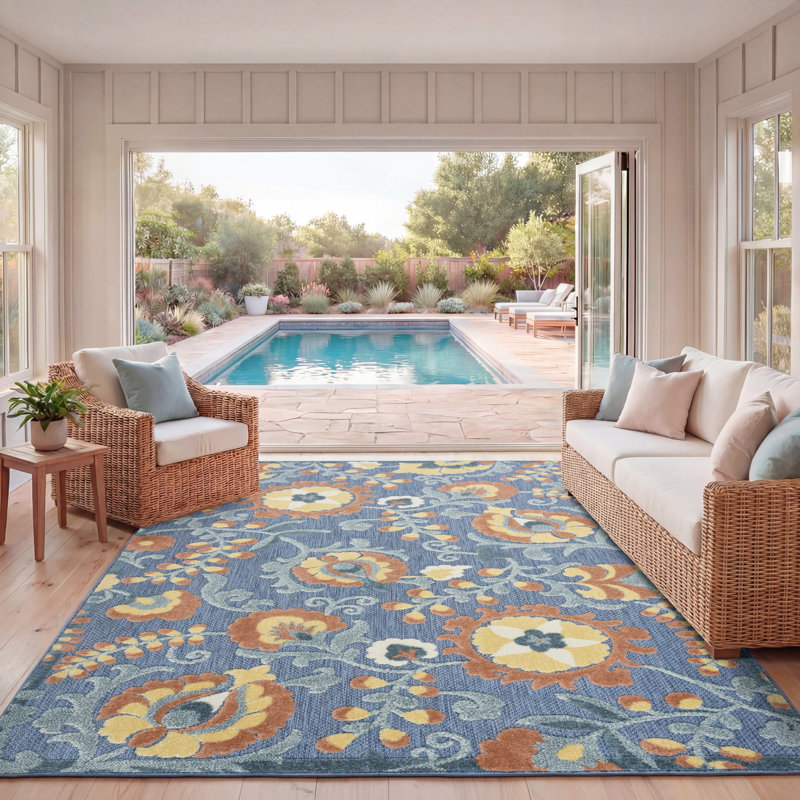 Gregori Blue Rose Farmhouse Rug, Rectangle 9' x 12'