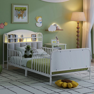 Structure de lit plateforme simple en métal avec lumière, lit simple en métal pour enfants avec tête de lit tapissier et rangement