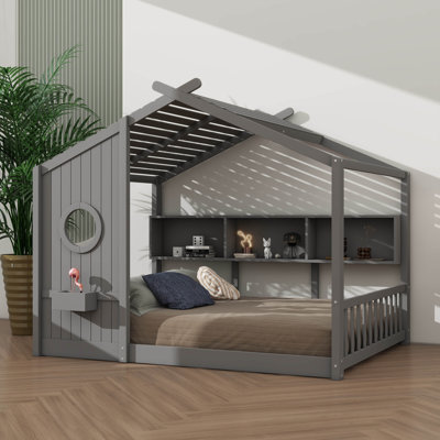 Toddler's Full-Size Floor House Bed, Montessori-Style Kids Bed With Storage Shelf