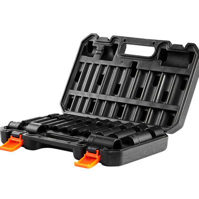 3/8In Drive 25Pcs Impact Sockets , Alloy Steel For Resistance And Absorption, Hexagonal Reduced Wear, Size Markings, Plastic Toolbox Transport Made Of Industrial-Grade Steel, Design High Torque,
