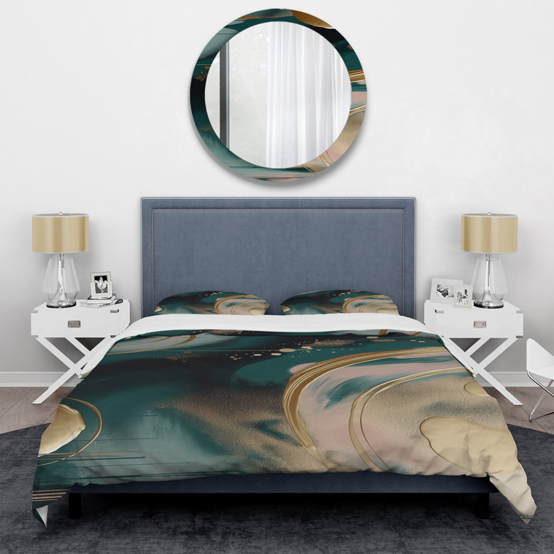 Ensemble de housse de couette en marbre abstrait doré et vert Harmony Swirls II