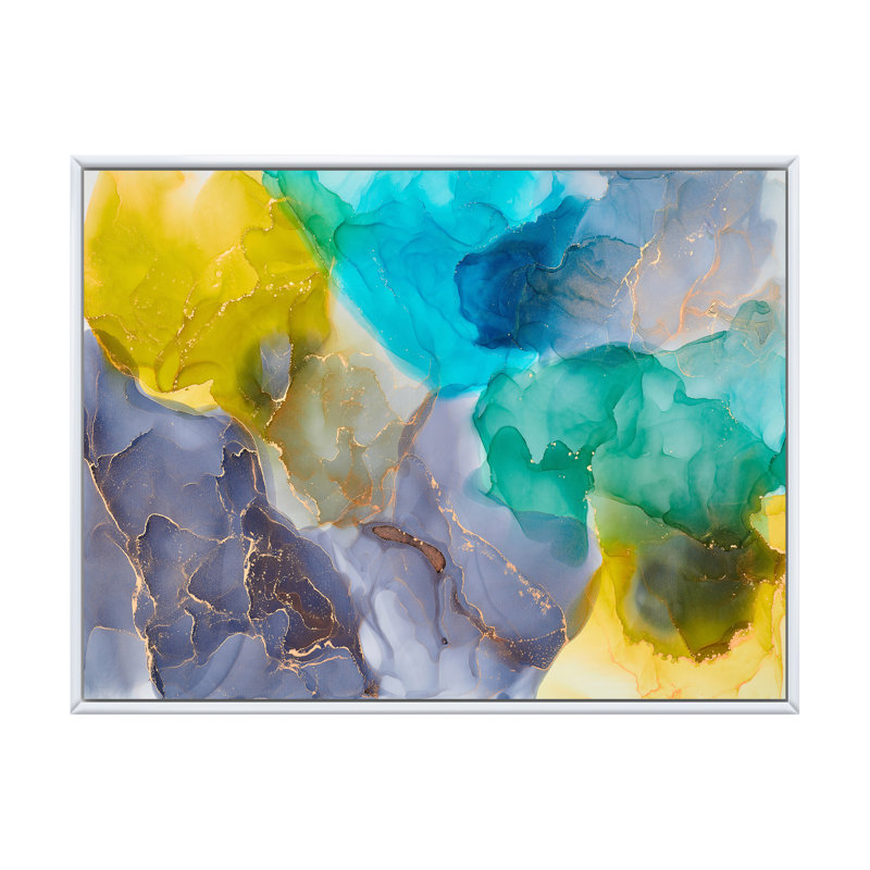 Turquoise et jaune luxe abstrait fluide - peinture sur toile, H 30 po x l 40 po x P 1,5 po, Cadre flottant blanc